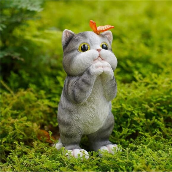 Garden Outdoor Decor Cat Statue with Solar Butterfly Light Cat Garden Decor - Picture 1 of 7